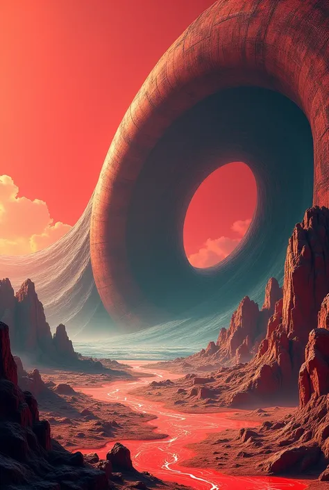 a photo of a red sky ,  tunnels lead to different worlds ,  3D printed building  ,   unsplash photo contest winner , in an colorful alien planet, shai-hulud,  inside the curl of a wave , inspired by Eizō Katō ,  looking at a huge crater , magma