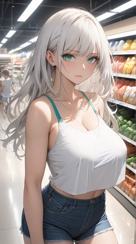 face details,semi realistic, Masterpiece, Master work, perfect , 4k, 1woman, adult woman, full body display mature body, big breast breasts, straight shoulder-length hair, flat bangs hair style, white hair, white colored hair with blue strokes, bright gree...