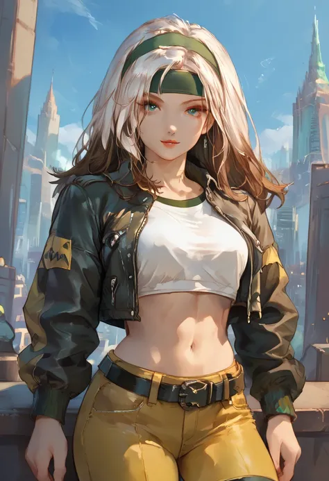 (Highly quality, masterpiece, detailed), night city detailed scenario, night city detailed background, 20 years old girl, solo, multi colored hair, white hair, brown hair, Superhero, Rogue, Xtreme, blue eyes, jacket, open clothes, belt, open jacket, headba...