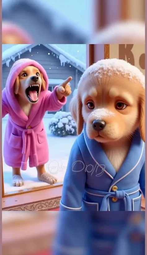  two golden retriever puppy and father dogs in a winter setting. father dog, wearing a pink bathrobe, looks angry and is pointing accusatorily, while the other golden retriever puppy, dressed in a blue bathrobe, looks sad and guilty. The background feature...