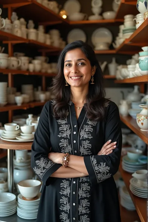 Hd image of  lady shop in charge in crockery store in kerala, wearing kurti balck with white prints on it