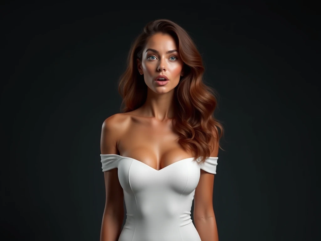 A naturally beautiful French woman (40 years old, tanned skin, blue lagoon eyes, a stunning body that reflects the natural changes associated with aging gracefully, perfect B Cup size breasts, beautiful long chestnut hair) stands against a gradient dark ba...