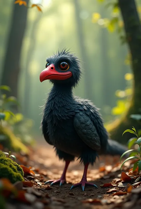 a creature resembling a prehistoric bird with a mix of textures, standing non a rich, earthy forest floor covered with scattered leaves and small twigs. The scene is illuminated by soft, dappled light filtering through dense foliage, creating a serene and ...