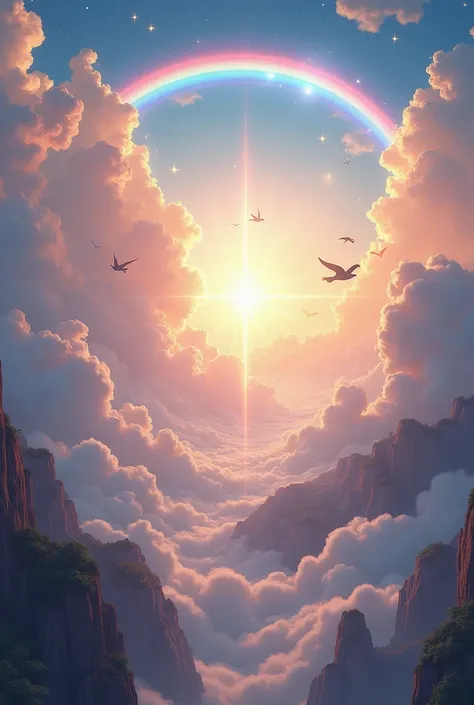 A celestial landscape with a rainbow and angels hovering in the background, representing divine grace available to all.