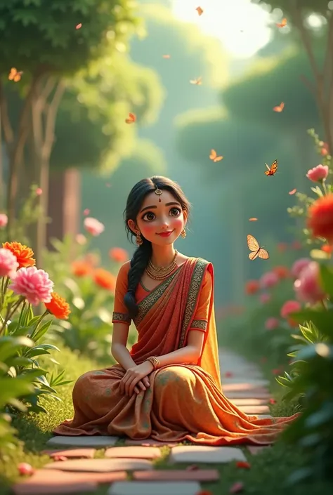 create a 3d image of a beautiful girl sitting in the beautiful garden and smile in her face she ware a beautiful saari 