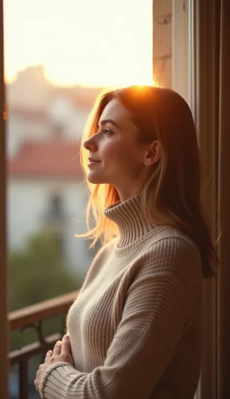 A 37-year-old woman enjoying a sunny balcony view, wearing a turtleneck sweater.