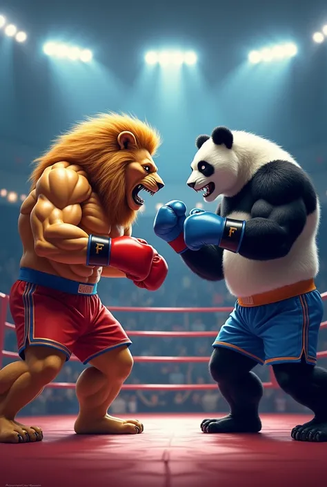 "A highly detailed and vibrant illustration of a bodybuilding lion and a bodybuilding panda in a boxing ring, mid-fight. The lion has a golden mane, rippling muscles, and an intense, focused expression, wearing red boxing gloves and matching shorts. The pa...