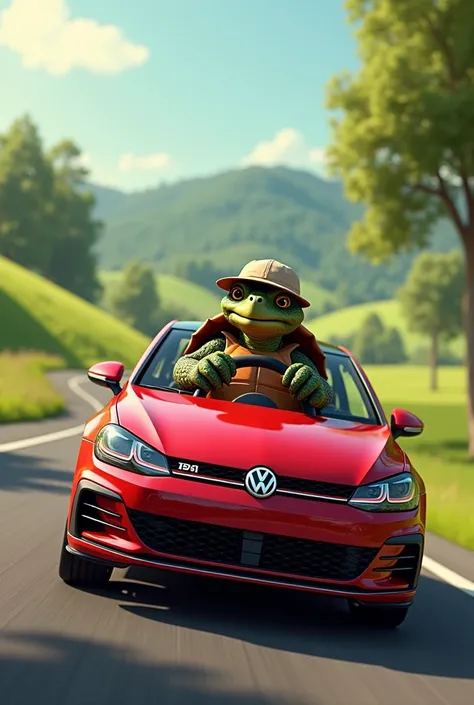 A turtle driving a golf gti