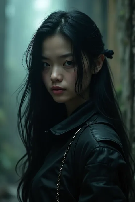 A cinematic photo with a dark fantasy film poster concept by T Mann. There is a mysterious woman with long flowing black hair and a stunning, hyper-realistic close-up portrait of a stunning young seraphic mercenary. The woman is wearing charming tactical c...