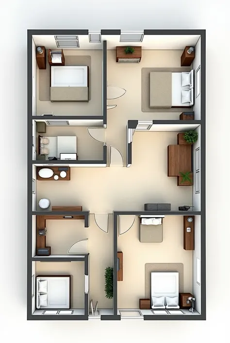  Plan of a single-storey house 10 meters wide and 20 meters long . 10 rooms  ( 4x3 meters each )  organized in two rows of 5 ,  with a side corridor 2 meters wide .  Each room has a private bathroom . (1.5x1 .5 meters)  and 1 meter closet Kitchen of 4 mete...