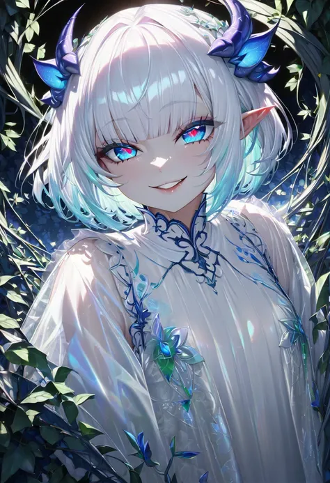 from below, cool beauty elf (look like imp and evil woman), looking down on, amorous and lewd expression, yandere, evil smile, grin, lewd smile, huge mouth, captivating large round eyes, iridescent pure white shiny silky bob cut, blunt bangs, thin flat sle...