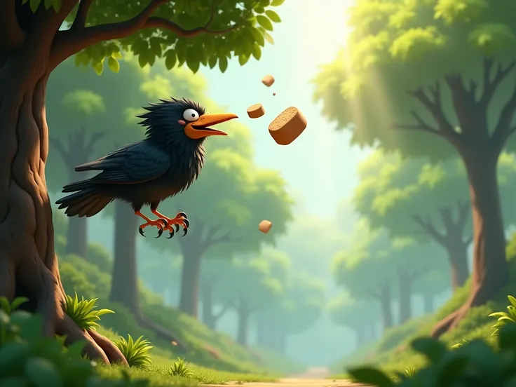 foolish crow drop the bread from tree above 3d animation