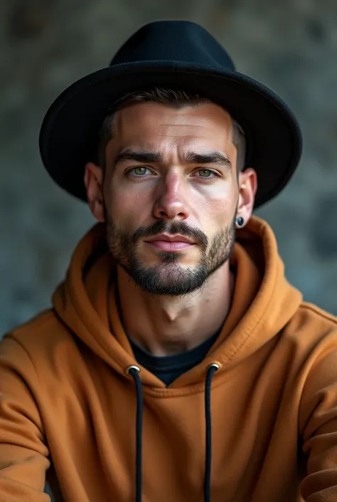 young man, face details, 3 days beard, sportiv, black hat, brown tracksuit set, earring