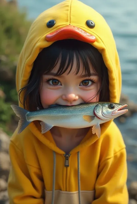 Girl wearing a yellow duck hoodie with fresh fish in her mouth。Realistic。 high image quality。