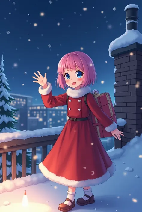  Anime painting of short pink haired girl , blue eyes,  standing on roof next to chimney covered with white snow, wearing a red christmas dress ,  carrying a large gift bag ,  smiling face waving hello, night scene