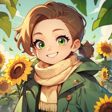  brown angled ponytail， Green Eyes ，Gold scarf， dark green trench coat，Smile，sunflower，Q version， kid 