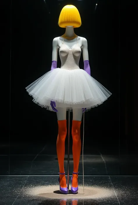  On the black glass floor and black background with black mannequin .  Make a short and voluminous white dress with a neckline that will fall with glowing liquid glitter.  Make a sturdy yellow plastic wig and mannequin with beautiful pose .  Make a lilac h...