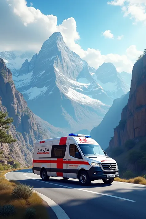 Create a picture of an ambulance parked on a road surrounded by mountains, viewed from the side. On its side, write "عوامی خدمت فاؤنڈیشن" in large Urdu fonts.



