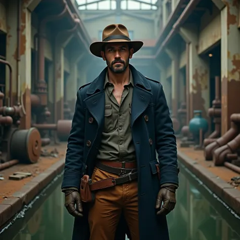 Cinematic Photography of Man,  short hair,  mustache and well-groomed short beard ,  brown hat with dieselpunk ,  wears a dark blue military overcoat , brown leather shirt ,  brown leather pants,  brown leather belt with equipment , brown gloves,  equipmen...