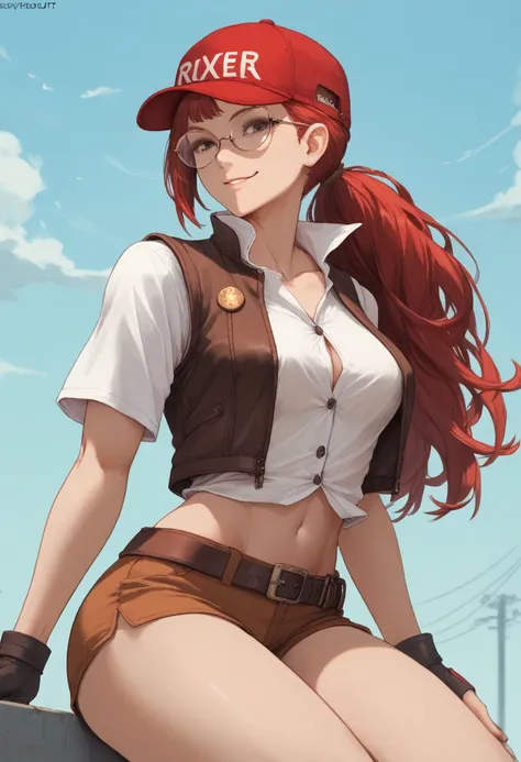 (art, best quality: 1.2), illustration, 8K, high definition, 1, alone, torso, (portrait: 1.2), large breasts, circular glasses, has, upper cut, belly, gloves, navel, baseball cap, protectors knee high, short shorts, ponytailed hair, boots, brown eyes, brow...