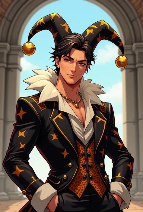 Handsome tan man whos a court jester in white and black clothing, anime style