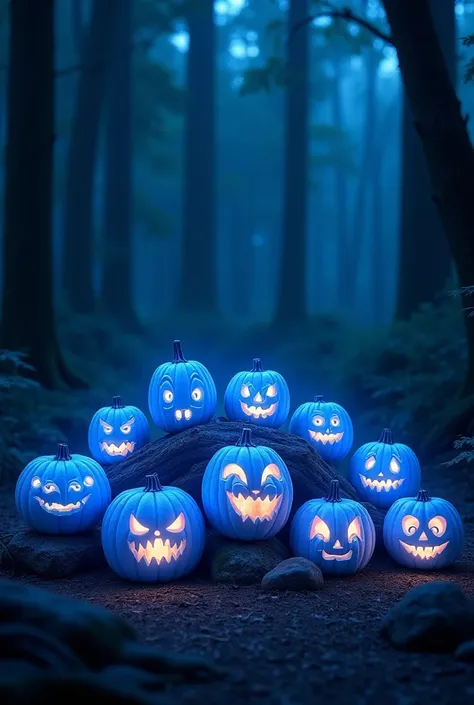 Carved pumpkins with blue lights in the forest