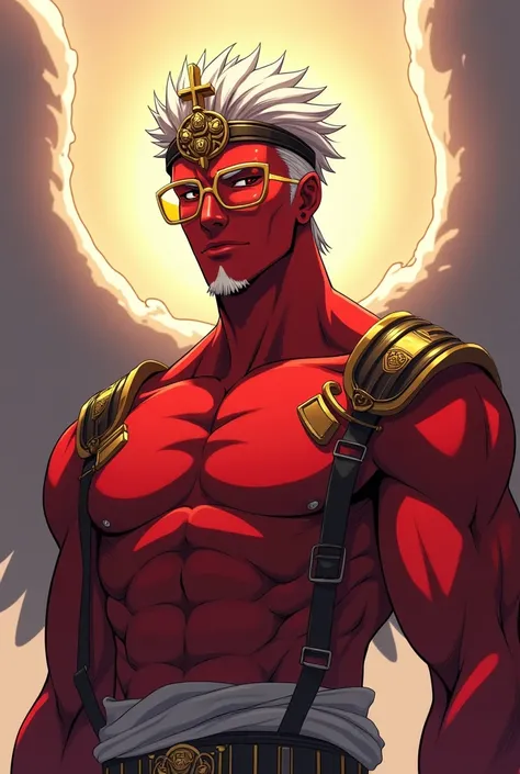 Anime character 
Create a male character with glasses and a Greek Gods body 
White hair with shaved sides, muscular and handsome, with crimson red eyes ,  the same as crimson red skin color , with a circular areola with lateral lines and a crucifix at the ...