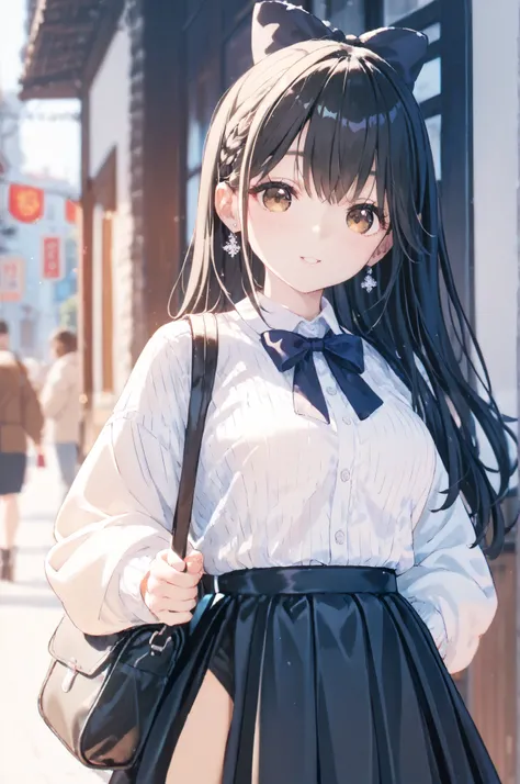  very cute woman　 very cute Japanese woman　 pubic skin　 white skin　Glossy lips　 a happy expression 　Wavy long hairstyle　Perfect System　 white blouse 　 blazer　 long black skirt 　 black boots　Winter Town　Walk briskly　 black hair　Wavy Long Hair　 brown eyes