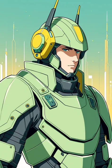 A male human officer, with a muscular build. He is wearing a combat helmet with antennas on ears. He is wearing a simple but bulky knight armor in a greenish color with minimalist futuristic details, featuring big epaulets colored yellow. The style is futu...