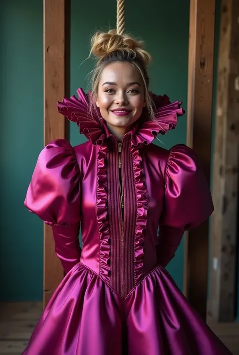 (realistic photograph close up sideways), (a pleased beautiful Caucasian lady with (messy hair bun), she is wearing (an elaborate shiny fuchsia silk high neckline gown with (long gigantic pouf sleeves), (and with an ultra high tight stand-up collar) (with ...