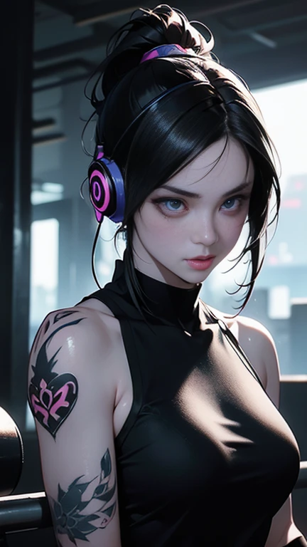 A beautifully tattooed anime-style girl with headphones lifting weights in the gym, with a hyper-realistic, cyberpunk aesthetic and high-level details. The sci-fi lighting and cyberpunk city background create a striking, dark atmosphere. The girl has black...