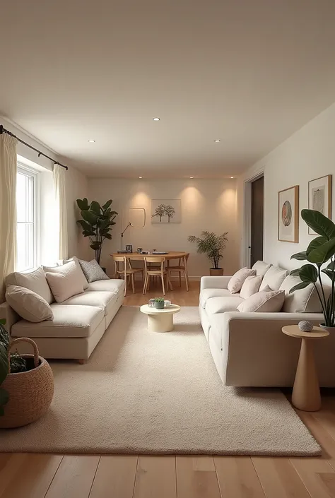 Wide view of a simple comfortable basement. living room，without people