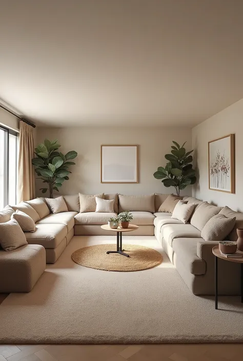 Wide view of a simple comfortable basement. living room，without people