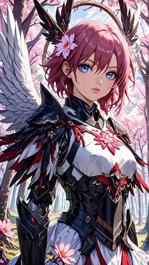 Six-winged Angel Sakura , Perfect eyes, ( surrealism :1.5), ( Standing in the forest :1.2), (Close-up photos:1.5), ( Black Paladin Armor:1.2), (Complex:1.2), ( is looking at the camera :1.2), ( are of the best quality:1.2), 