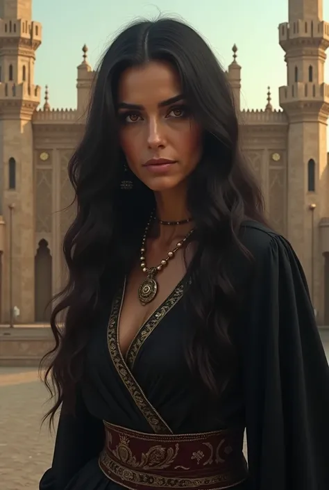 Creates the image of a 50-year-old woman with Arab features,  very very long and dark hair ,  dark complexion and slightly red eyes and an Arabic-style castle in the background