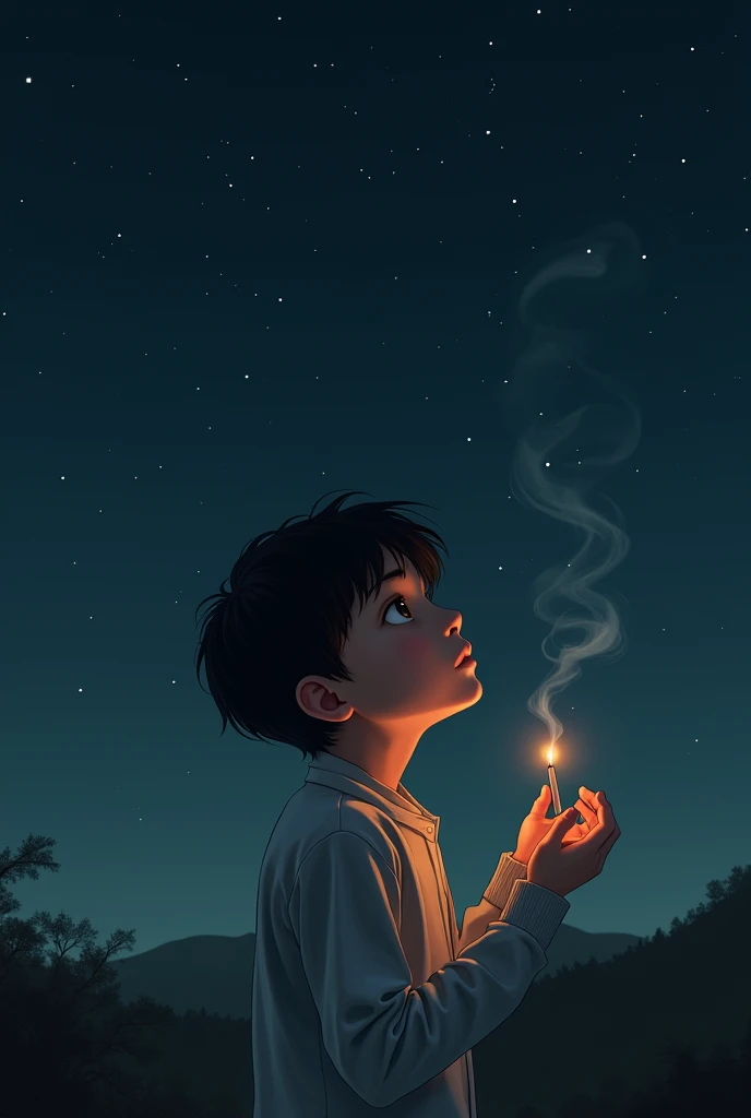 A boy missing his love while gazing the stars with a cigarette on his hands 