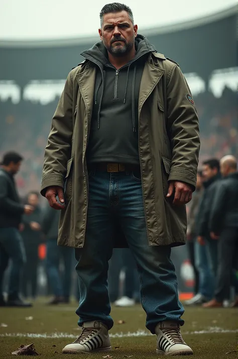 Football Bully in a Stone Island trench coat wearing Levis 501 jeans and Adidas London sneakers at the match