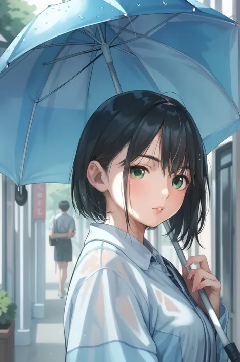  short bob from behind　Tall　A beautiful system　 hairstyle long 　 black hair　Poses like a photo book　 green eyes　Holding an umbrella in a rainy park