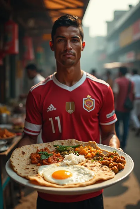 Cristiano Ronaldo  জার্সি পরে দাড়িয়ে পরোটা, + তরকারি + স্বেদ ডিম + পিয়াজ+ কাঁচামরিচ বিক্রি করতেছে হাতে নিয়ে