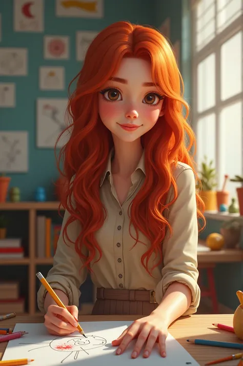 A red-haired psychopedagogue with long hair and brown eyes in a room with several drawings on the wall and toys activities with a  learning to draw 