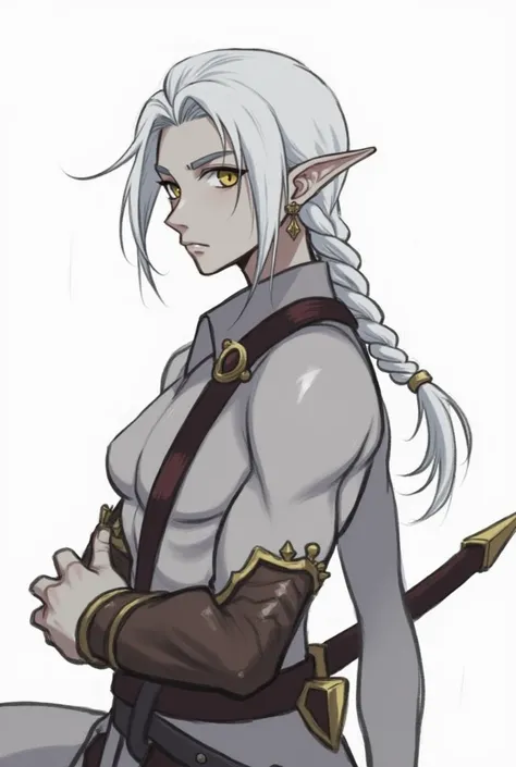 1boy, arm wrap, asymmetrical hair, belt, braid, closed mouth, colored skin, earrings, elf, grey hair, grey skin, jewelry, long hair, looking at viewer, male focus, pointy ears, scar, scar on face, sidecut, single braid, solo, sword, upper body, weapon, whi...