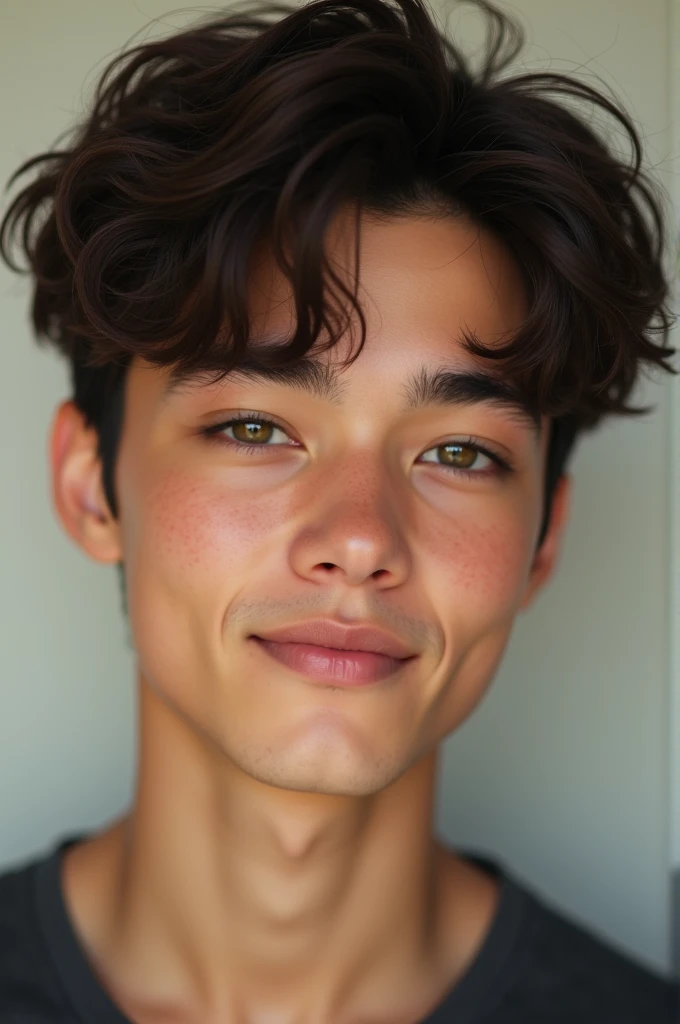 Create a hyper-realistic image of a 20-year-old boy with a face that embodies a perfect blend of cuteness, hotness, and sexiness, while being unique in his appearance. His skin is smooth and lightly tanned, with a healthy glow that enhances his youthful fe...