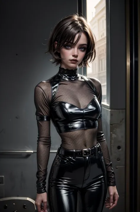 lora_Emma, perfecteyes eyes,(((cowboy shot))),a pretty 21 year old girl,back hair,short hair, hair over one eye,blue eyes,skinny body type, ((very profound rock hard abs)), ((ultra glossy and shiny latex)), (((black mesh shirt with lace))),(black latex pan...