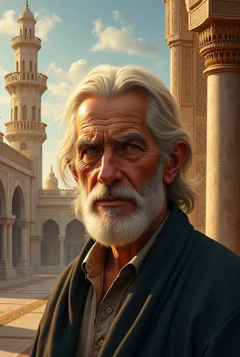 Create the image of a 60-year-old man ,  blond hair and honey eyes in the background of an Arabic-style castle