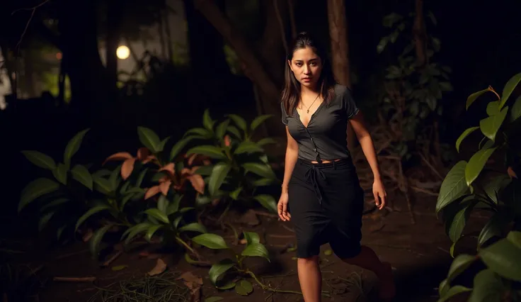 ((realistic photo)) [A beautiful 19-year-old girl with an anxious expression, wearing a worn-out, dirty black batik shirt and a tattered black skirt. She is walking through the middle of a dense jungle at night, her body language showing that she is search...