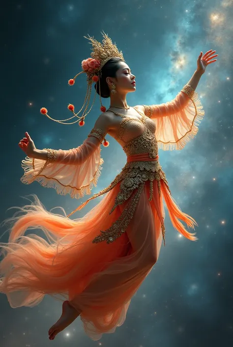  nangsita, thai tradition dress, detail dress, Royal Thai Headpiece with delicate garlands, performing a traditional Thai dance floating in outer space, surrounded by distant stars and swirling galaxies. Her movements create shimmering trails of stardust, ...