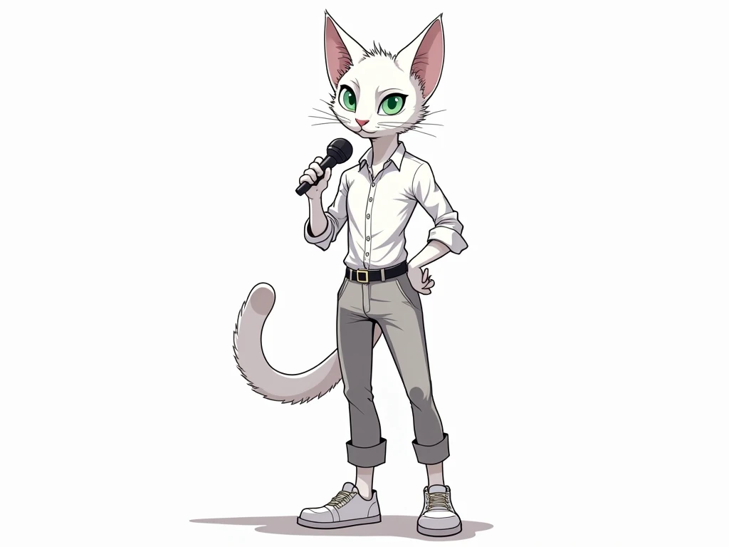 Design a character sheet for Maxeus, a humanoid cat reporter, in a bold, clean, and simple outline style suitable for a webtoon comic. Maxeus has sleek, pure white fur with subtle gray shading and bright emerald-green eyes that exude intelligence and charm...