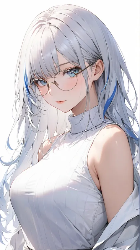 face details,semi realistic, Masterpiece, Master work, perfect , 4k, 1woman, full body display, adult woman, mature body, big breast breasts, straight shoulder-length hair, flat bangs hair style, white hair, white colored hair, (((blue-streaked white hair)...