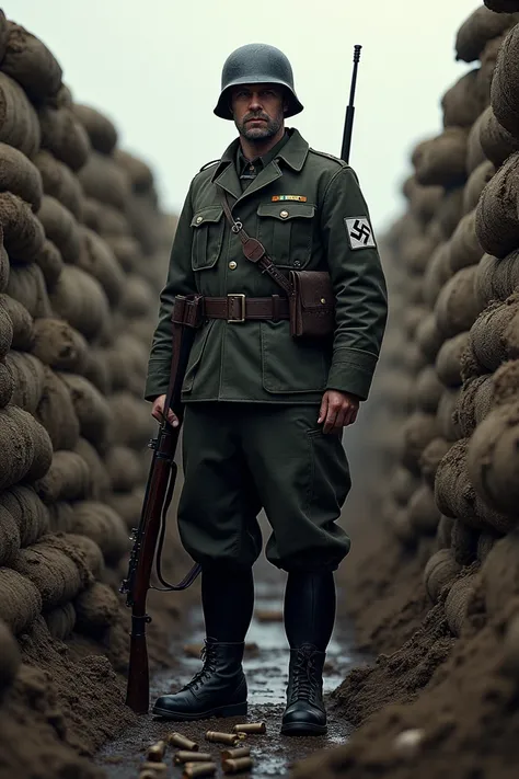 A German soldier from World War II in a trench with his gun 