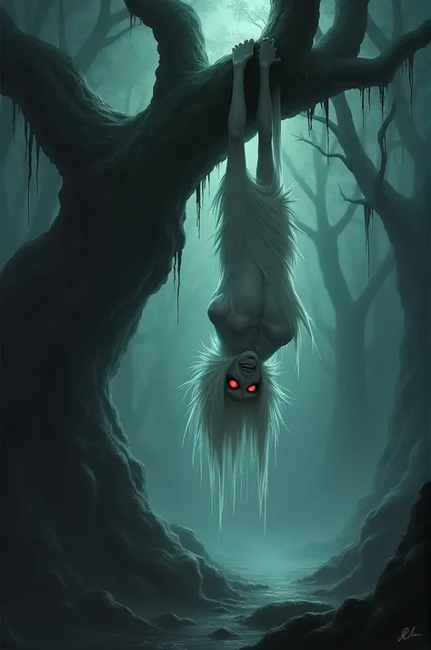 A mysterious spectral figure, Betal, hangs upside-down from a gnarled tree, with glowing red eyes and a mischievous smile. The backdrop features a dark, eerie forest with fog swirling at the roots of the tree,Vetaal in appearance His hair is white and he l...